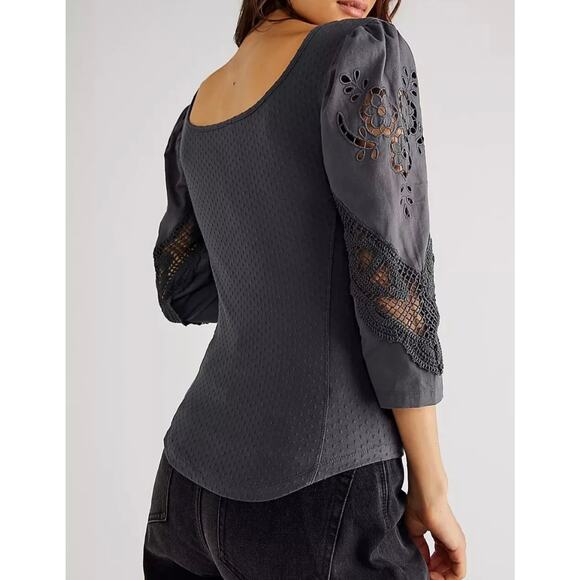 Free People Brunch Date Top Henley Metal Stiletto L Gray Boho Lace Cottagecore - Picture 4 of 14